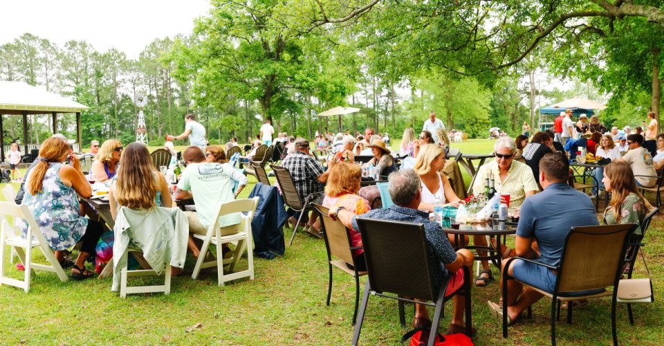 Large crowd enjoying food, drinks, and conversation under the trees during a sunny outdoor event at Gregory Farms Vineyard in Currie NC.