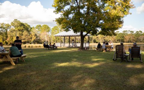 Live music by the gazebo at Gregory Farms Vineyard in Currie NC with guests seated around the pond.